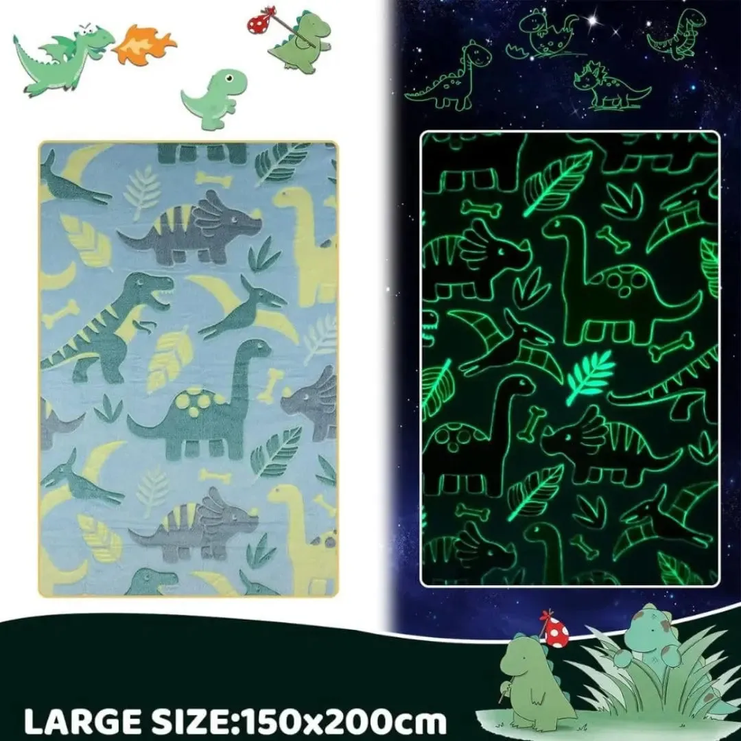Famyo Glow Blanket - Green Dinosaur, 0-15 years| Glow In The Dark Blanket For Kids | Kids Bedroom Decor Ideas