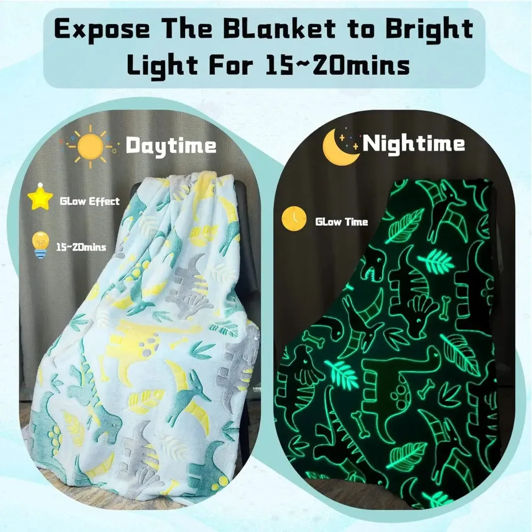Famyo Glow Blanket - Green Dinosaur, 0-15 years| Glow In The Dark Blanket For Kids | Kids Bedroom Decor Ideas