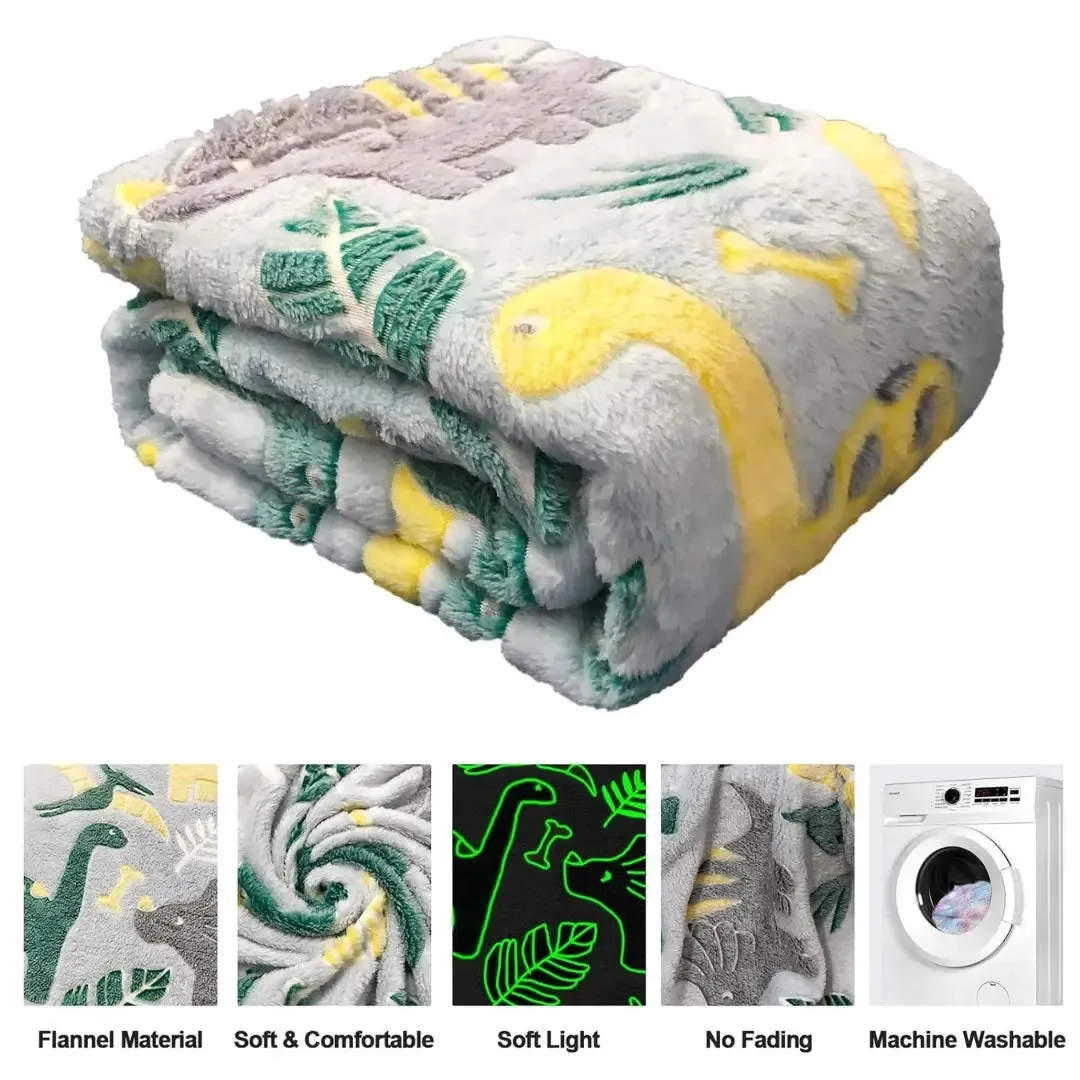 Famyo Glow Blanket - Green Dinosaur, 0-15 years| Glow In The Dark Blanket For Kids | Kids Bedroom Decor Ideas