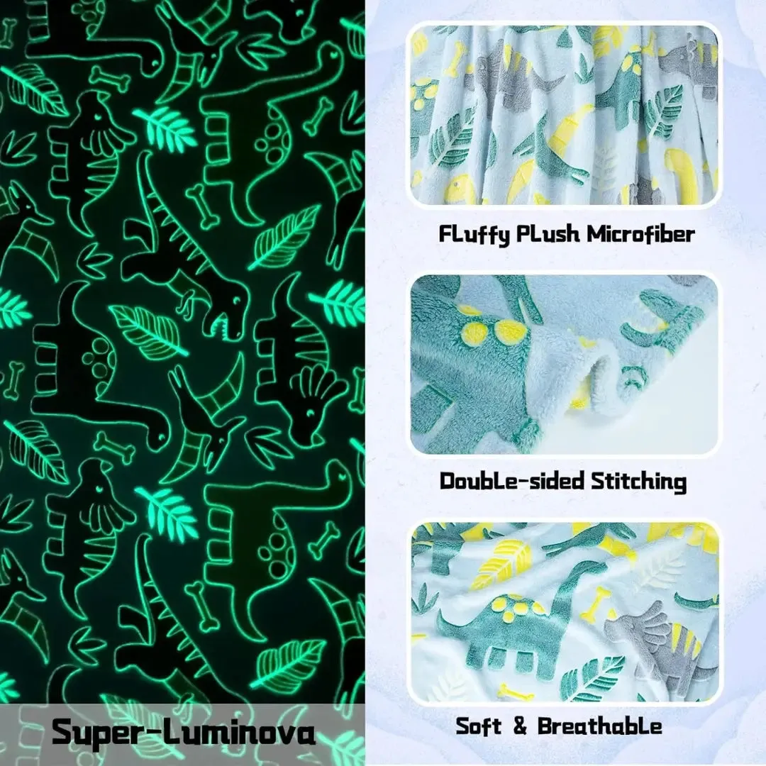 Famyo Glow Blanket - Green Dinosaur, 0-15 years| Glow In The Dark Blanket For Kids | Kids Bedroom Decor Ideas