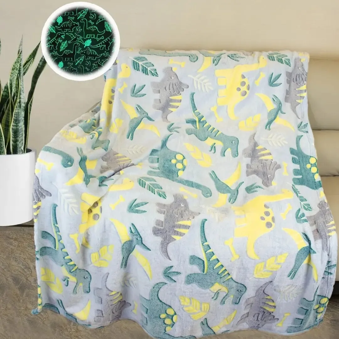 Famyo Glow Blanket - Green Dinosaur, 0-15 years| Glow In The Dark Blanket For Kids | Kids Bedroom Decor Ideas