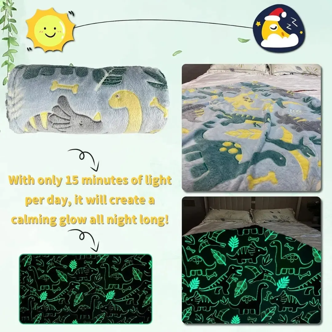 Famyo Glow Blanket - Green Dinosaur, 0-15 years| Glow In The Dark Blanket For Kids | Kids Bedroom Decor Ideas