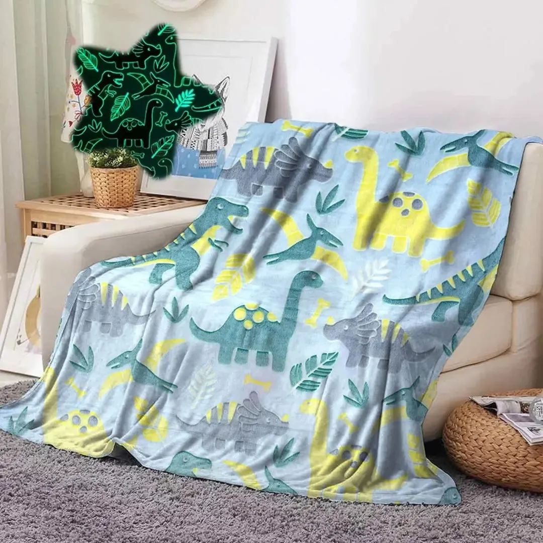 Famyo Glow Blanket - Green Dinosaur, 0-15 years| Glow In The Dark Blanket For Kids | Kids Bedroom Decor Ideas