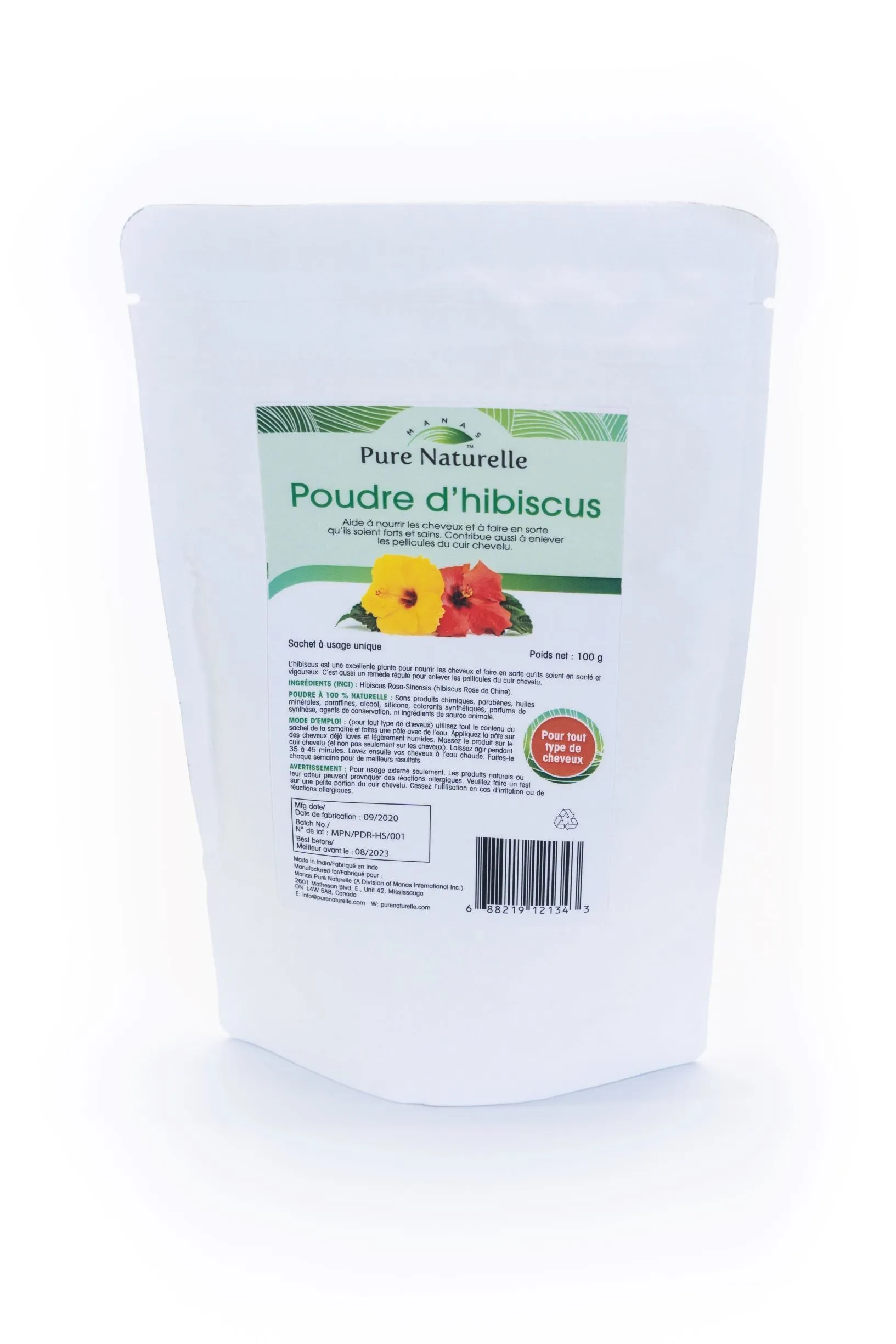 Fights dandruff, reduces hair loss, nourishes, strengthens hair... Manas Pure Naturelle  100% Natural Hibiscus Herbal Powder for all hair types (4 Weekly Single Use Pouches)