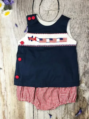 Fourth of July airplane flying with flags smocked diaper set