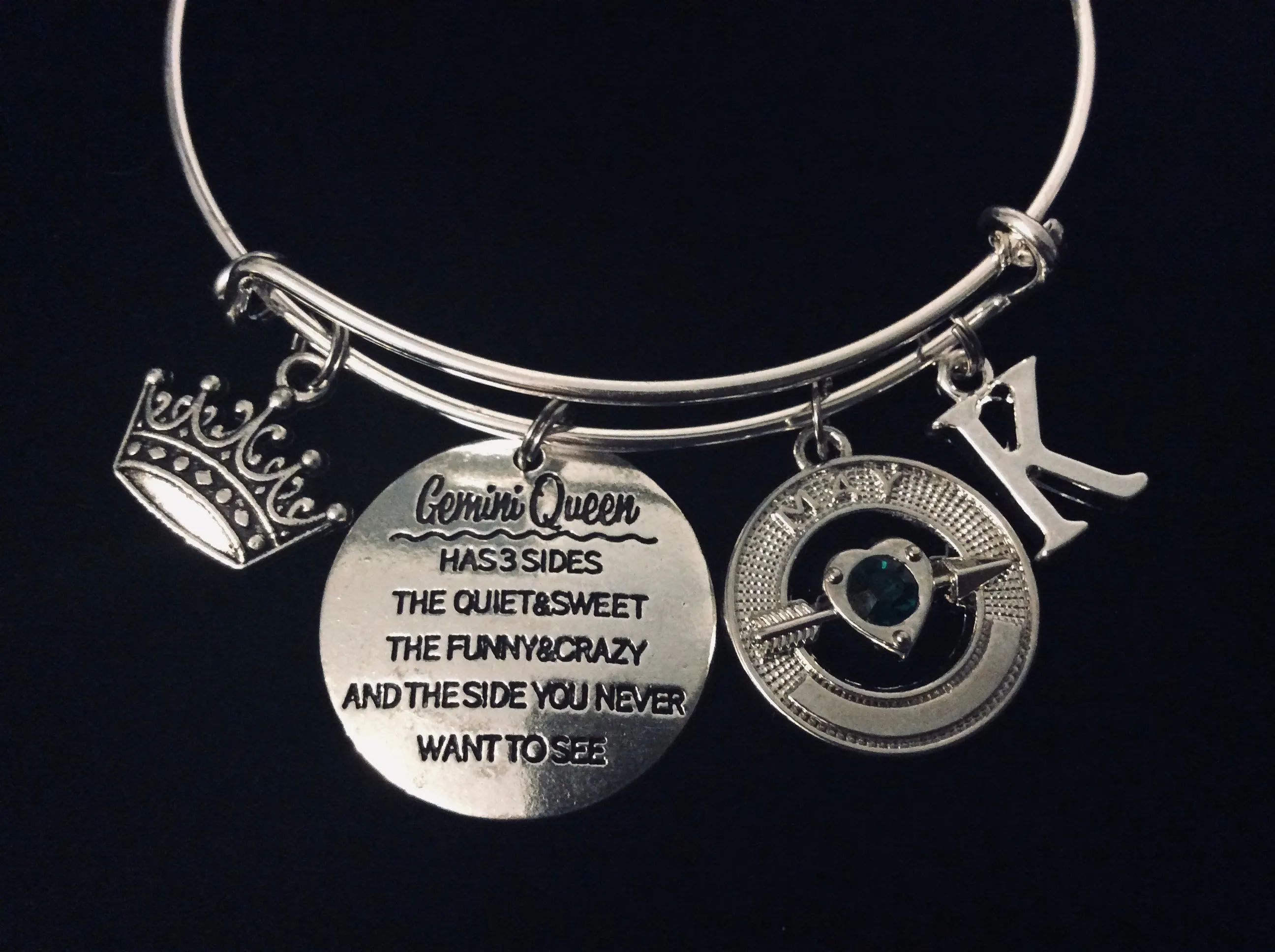 Gemini Queen Jewelry Expandable Charm Bracelet Silver Adjustable Bangle Trendy One Size Fits All Gift Crown Personalize Initial and May or June Birthstone