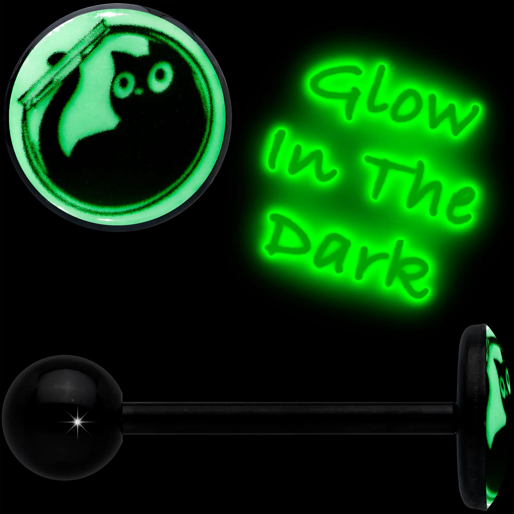 Glow in the Dark Black Anodized Fishbowl Kitty Cat Barbell Tongue Ring