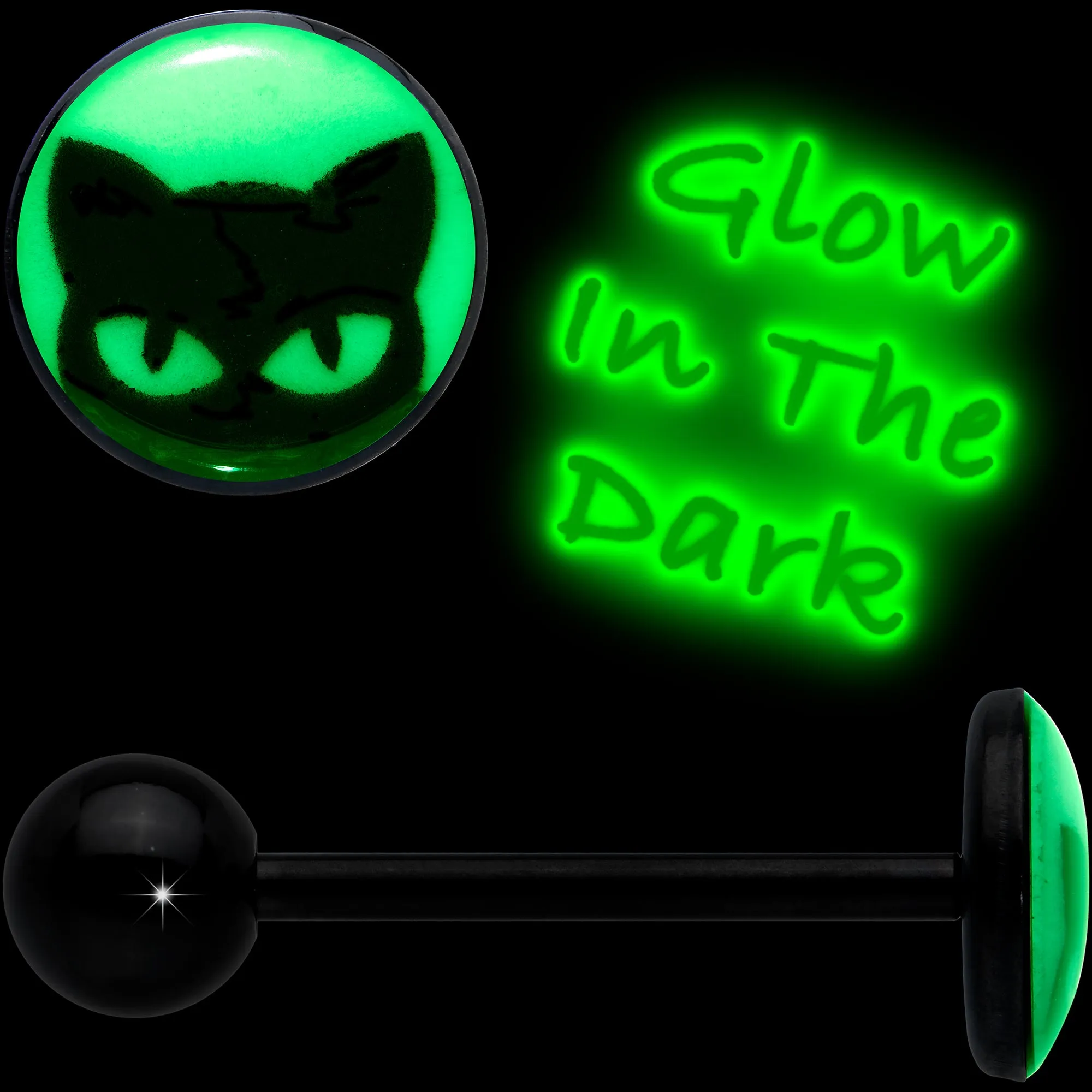 Glow in the Dark Black Anodized Peeking Black Cat Barbell Tongue Ring