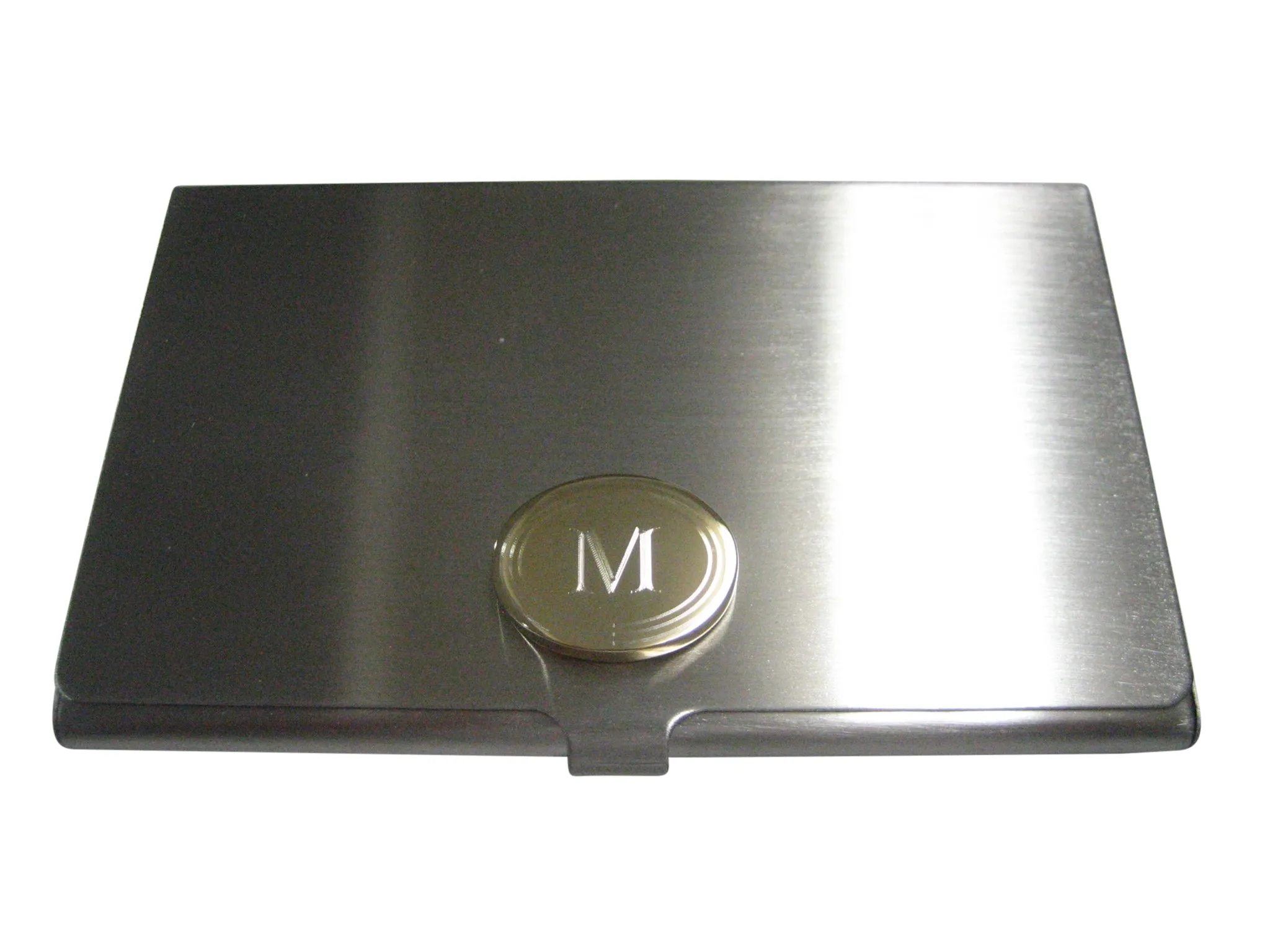 Gold Toned Etched Oval Letter M Monogram Business Card Holder