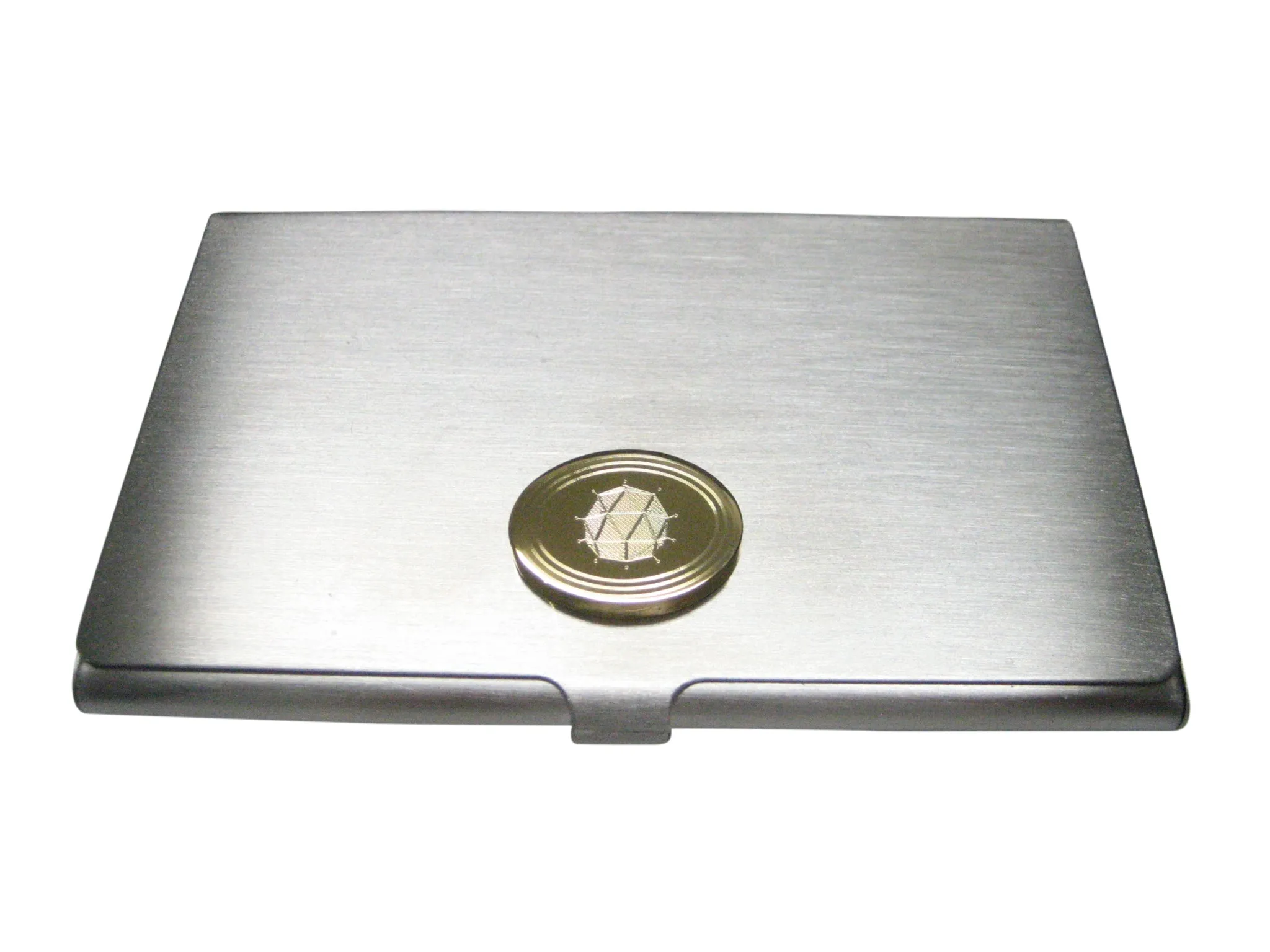 Gold Toned Etched Oval Polyhedral Virus Business Card Holder