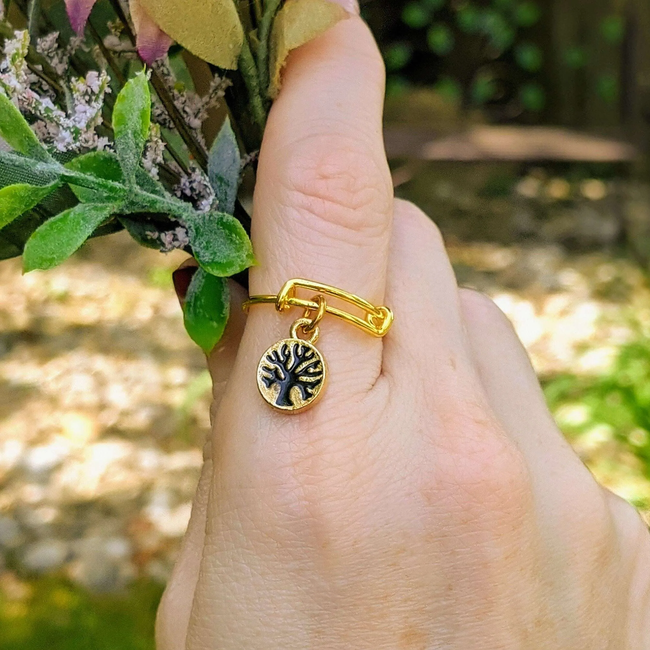 Gold Tree of Life Expandable Charm Ring