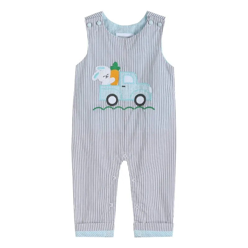 Gray Striped Easter Bunny Truck Applique Overalls
