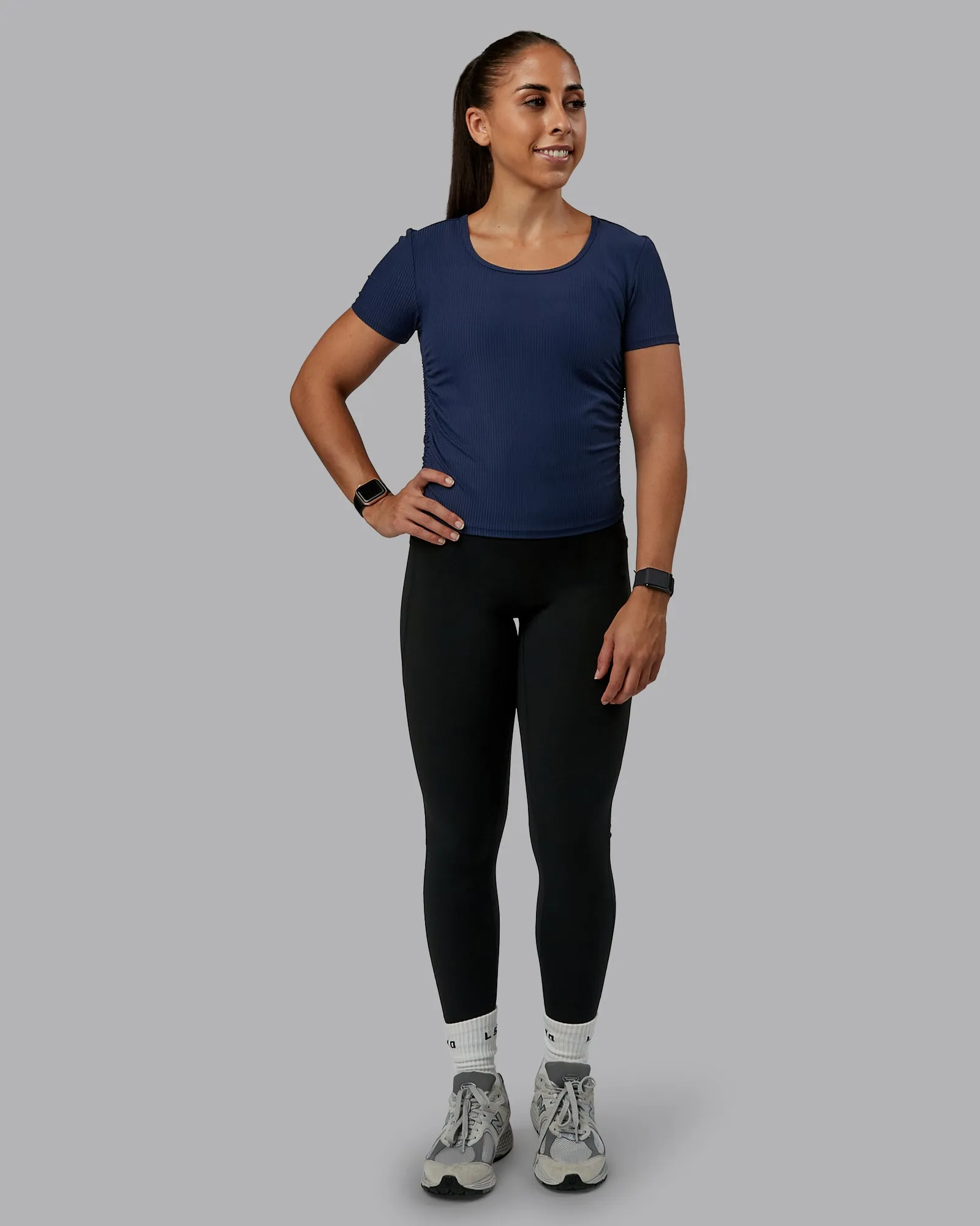 Ignite Ribbed Scrunch Side Cropped Tee - Future Navy