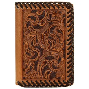 Justin Brown Tooled Trifold Wallet with Rawhide Whipstitching