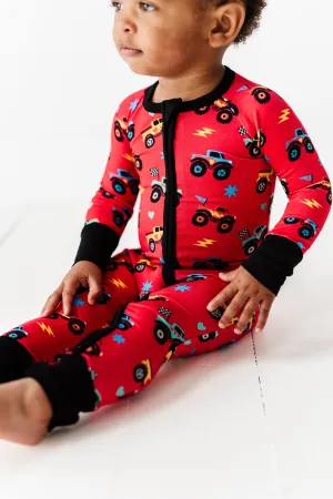 Kiki   Lulu I Wheelie Love You Monster Trucks Valentine's Day  Convertible Romper Baby Footie