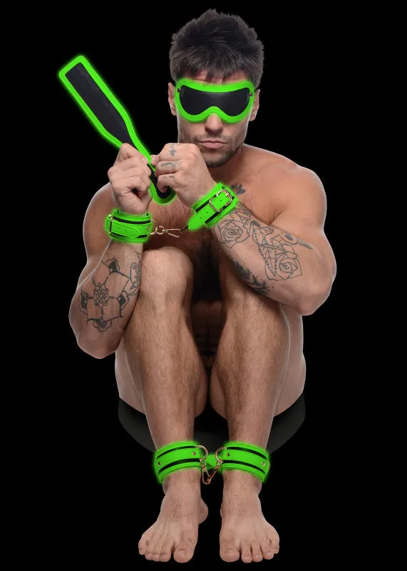 Kink in the Dark Glowing Cuffs, Blindfold and Paddle Bondage Set