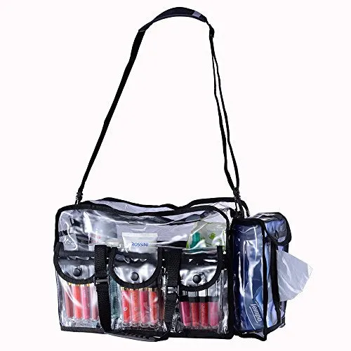 KIOTA Makeup Artist Storage Bag, Clear Cosmetic Bag with Side Pockets and Shoulder Strap, Ergonomic Handle, ON THE GO Series - Black Trim