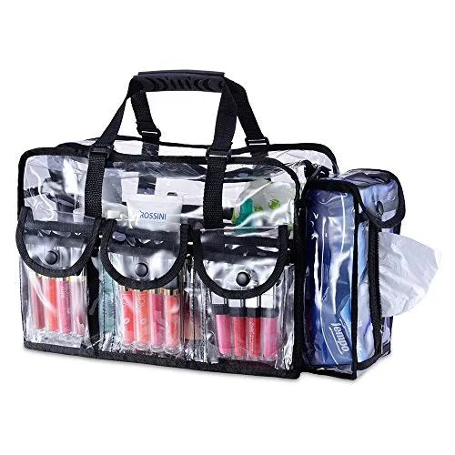 KIOTA Makeup Artist Storage Bag, Clear Cosmetic Bag with Side Pockets and Shoulder Strap, Ergonomic Handle, ON THE GO Series - Black Trim