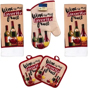 Kitchen Decor - Potholders (5 Pc) Wine is My Favorite Fruit Home Decorations - Kitchen Towels - Oven Mitt - Kitchen Linen Set