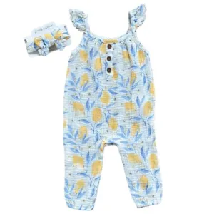 Lemons Cotton Muslin Jumpsuit and Headband Set