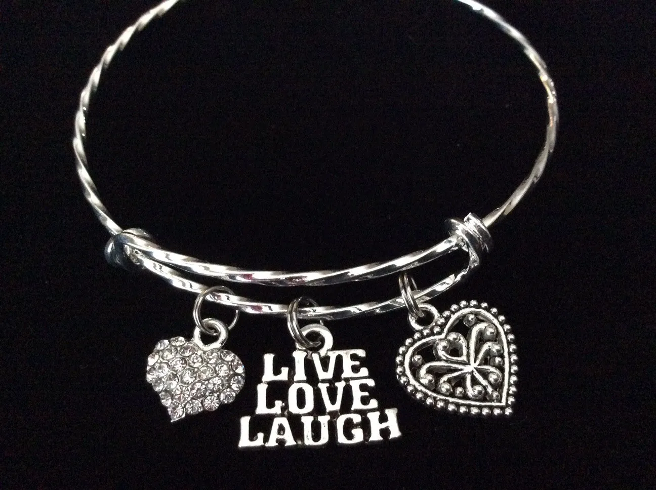 Live Love Laugh Double Hearts Twisted Silver Expandable Charm Bracelet Silver Plated Bangle Bracelet