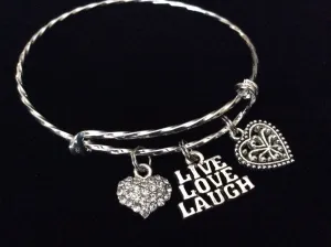 Live Love Laugh Double Hearts Twisted Silver Expandable Charm Bracelet Silver Plated Bangle Bracelet