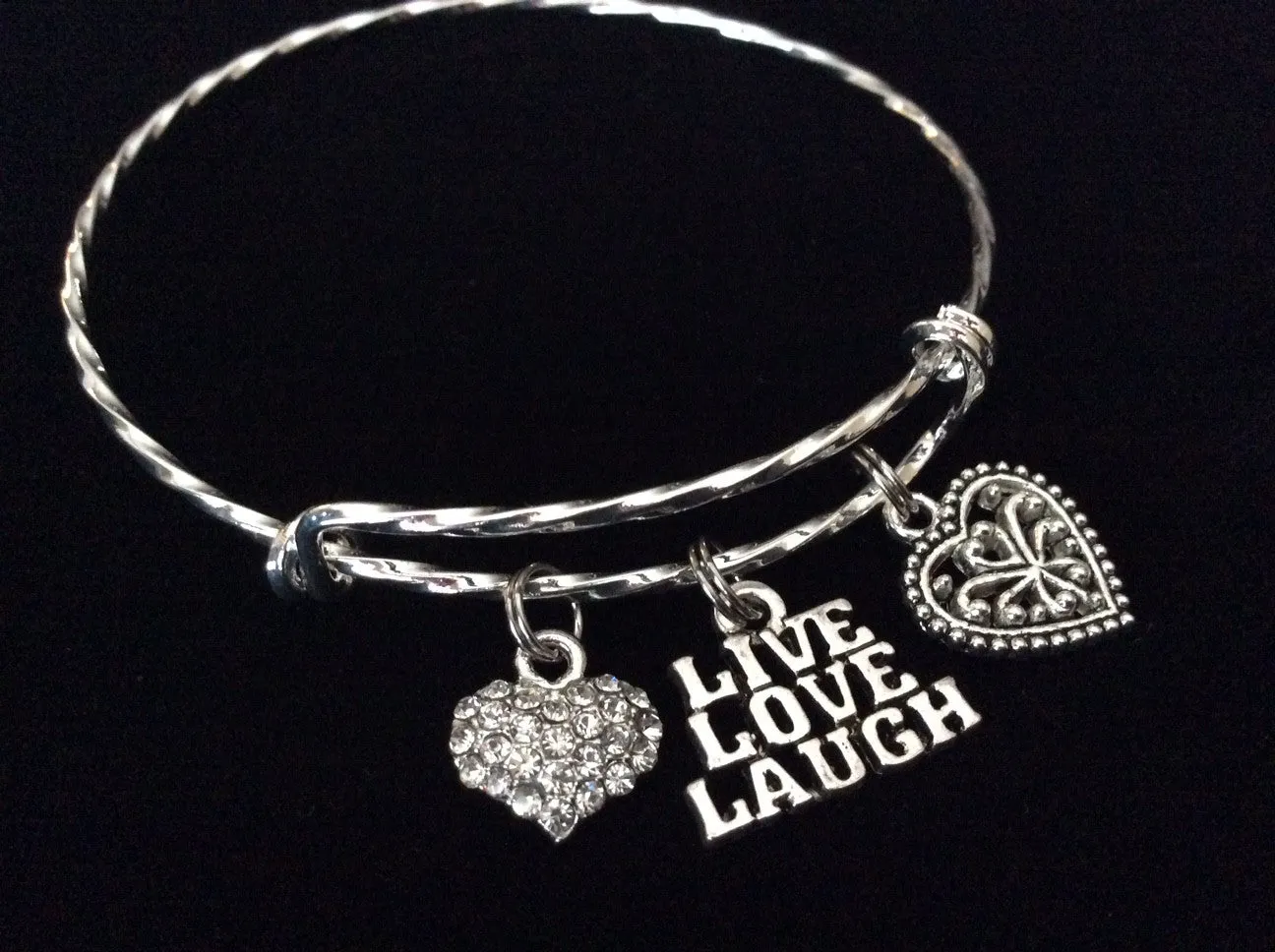 Live Love Laugh Double Hearts Twisted Silver Expandable Charm Bracelet Silver Plated Bangle Bracelet