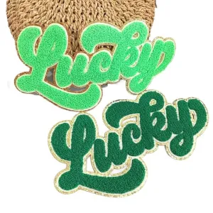 Lucky Patch - Chenille Patch- St Pattys Day saint patrick Iron On- Patch Only - Fuzzy Chenille DIY Patch Glitter Varsity Nylon Pouch - Shirt