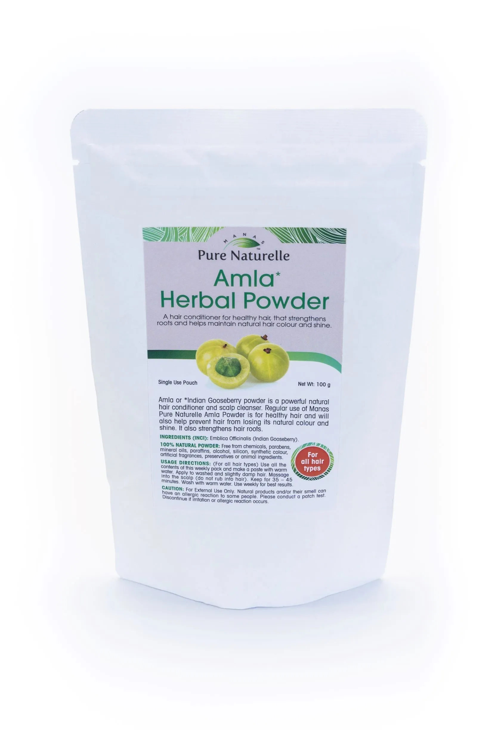 Maintains natural hair colour/shine, prevents premature greying, hair loss and strengthens roots... Manas Pure Naturelle 100% Natural Amla* Herbal Powder for all hair types (4 Weekly Single Use Pouches)