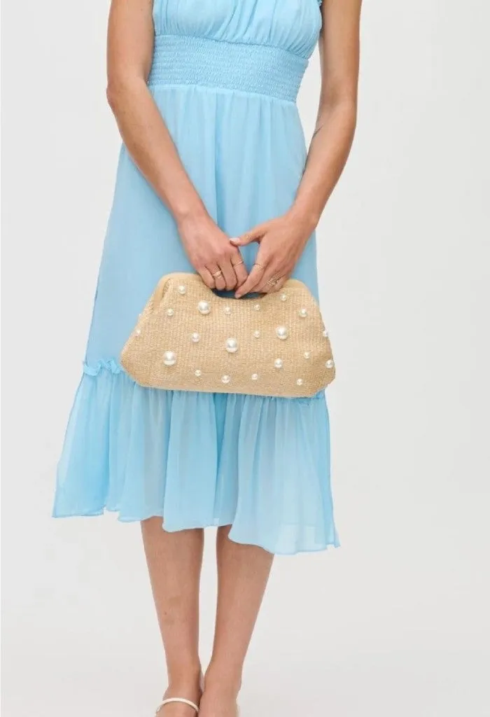 Mallory Straw Stud Clutch-Pearl