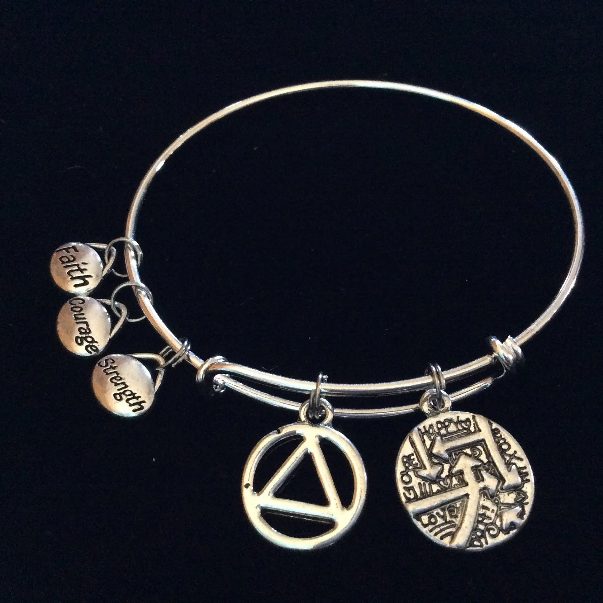 Master of Your own Destiny Alcoholics Anonymous Strength Courage Faith Silver Expandable Charm Bracelet Bangle