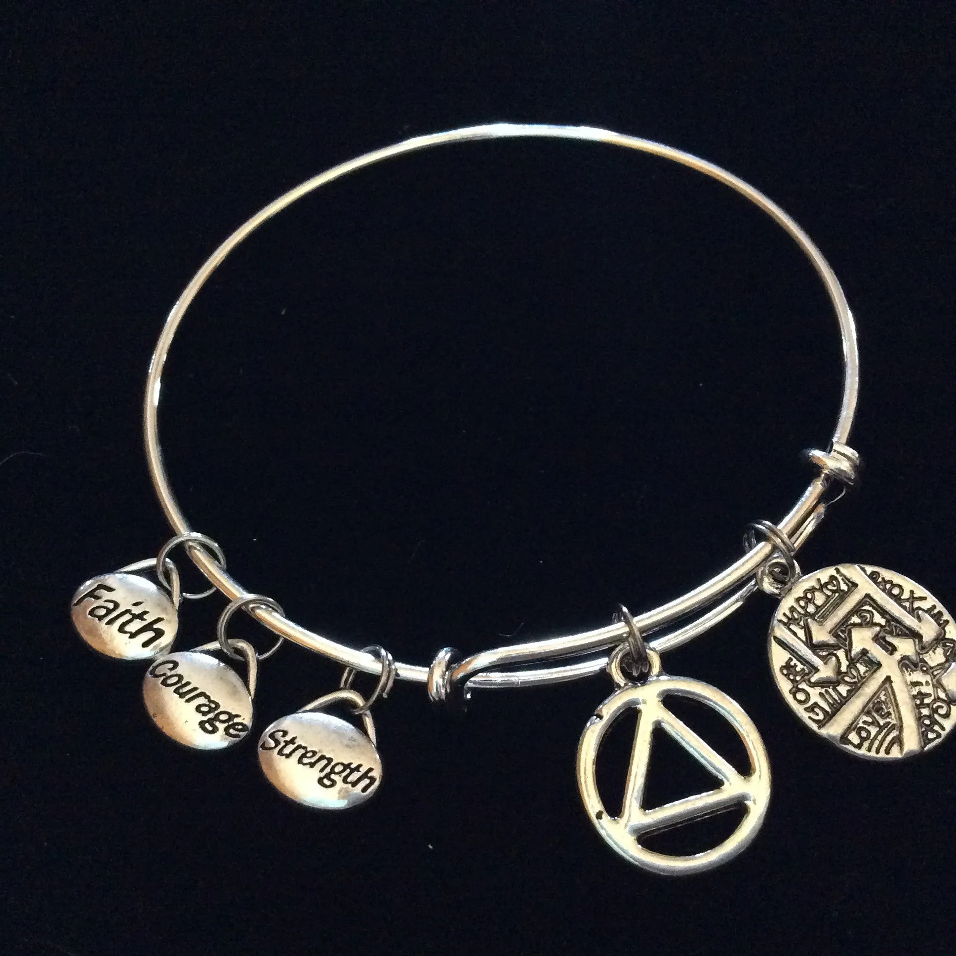 Master of Your own Destiny Alcoholics Anonymous Strength Courage Faith Silver Expandable Charm Bracelet Bangle