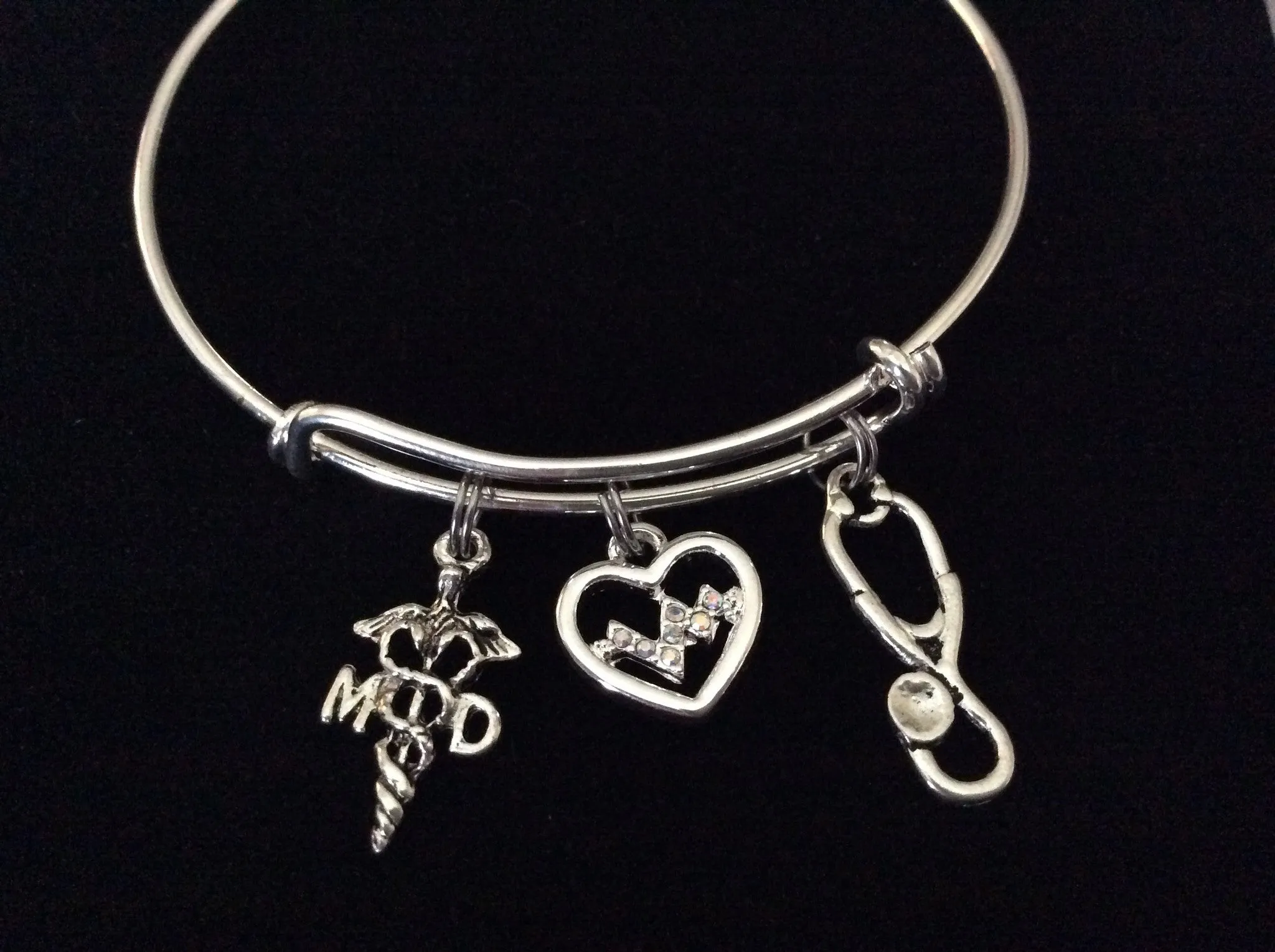 MD  Silver Charm Bracelet Expandable Adjustable Silver Wire Bangle