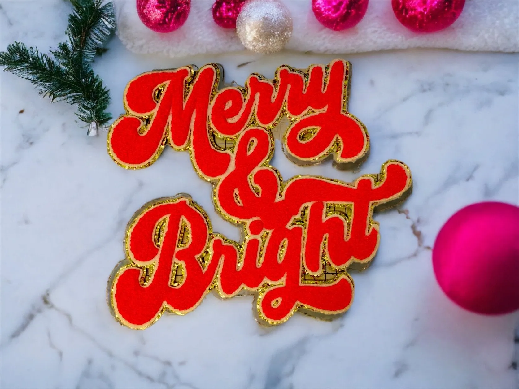 Merry & Bright- Iron On Patch- Red Chenille Holiday Sweatshirt - Fuzzy Chenille Patch  Alphabet Patch Glitter Christmas patch-Patch Only DIY