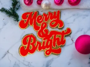 Merry & Bright- Iron On Patch- Red Chenille Holiday Sweatshirt - Fuzzy Chenille Patch  Alphabet Patch Glitter Christmas patch-Patch Only DIY