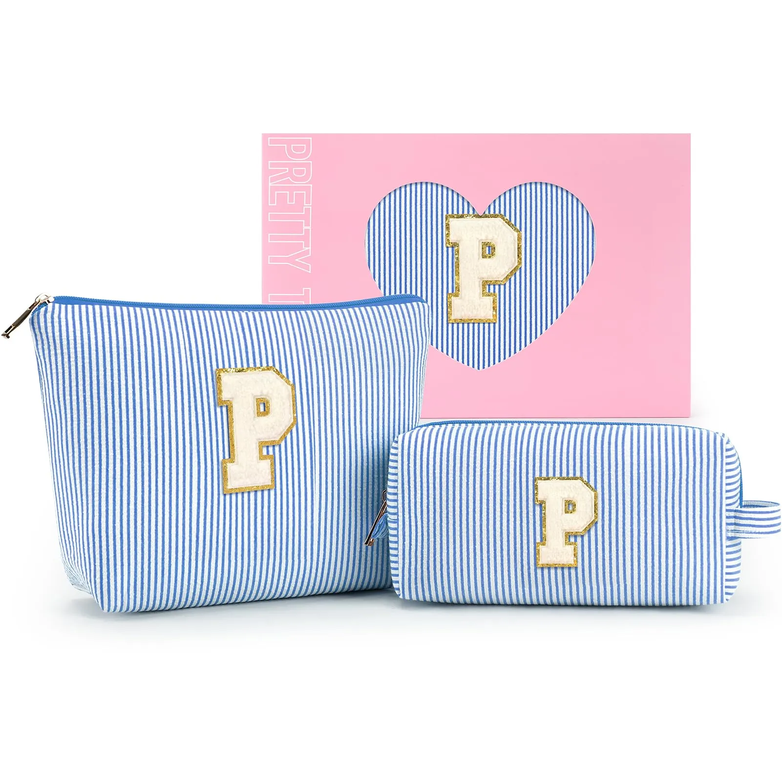 mibasies 2 PCS Initial Makeup Bags for Women: Cosmetic Bag for Travel Toiletry - Birthday Gifts for Girls Sister Wife Friend Daughter - Preppy Teen Girl Gifts Trendy Stuff - Blue P