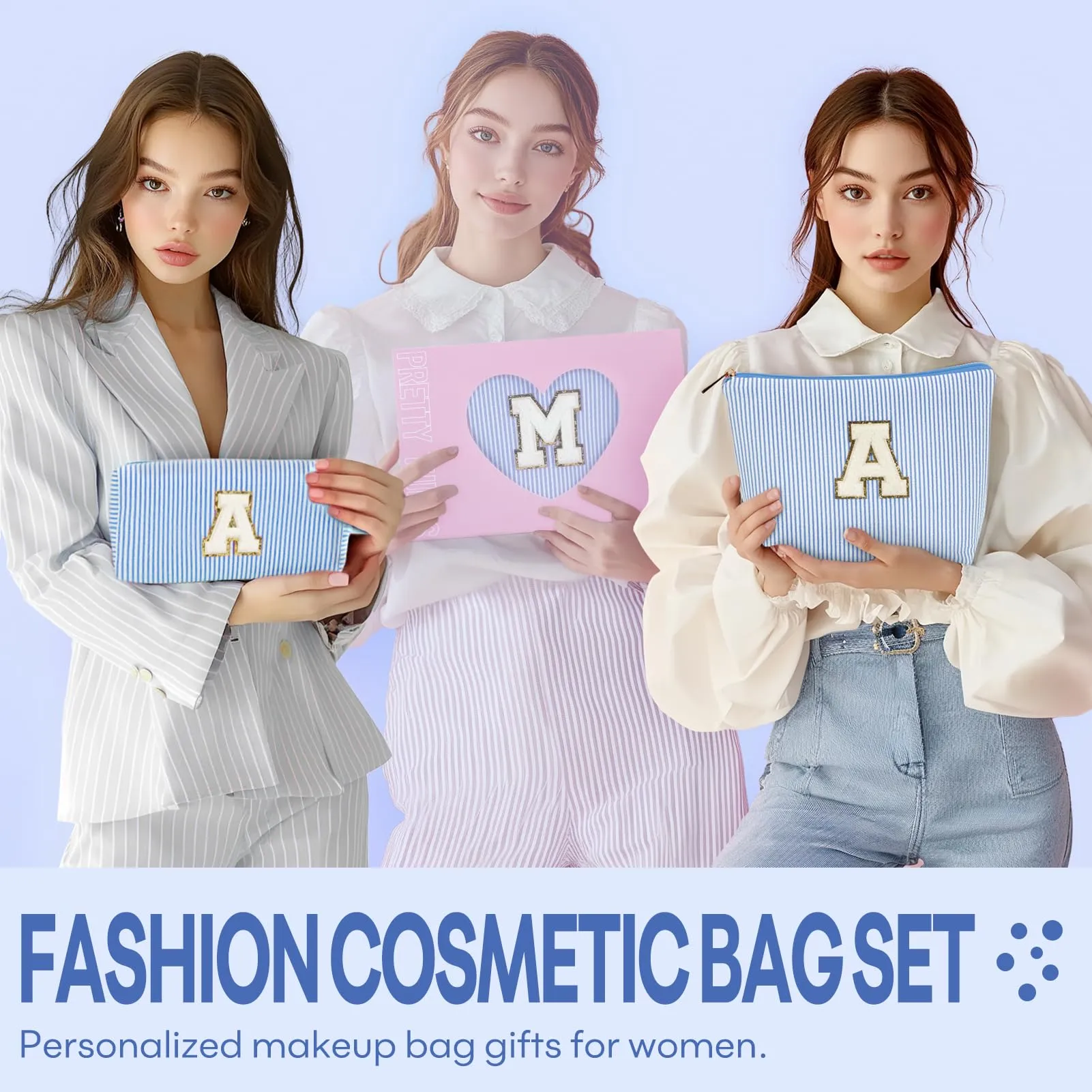 mibasies 2 PCS Initial Makeup Bags for Women: Cosmetic Bag for Travel Toiletry - Birthday Gifts for Girls Sister Wife Friend Daughter - Preppy Teen Girl Gifts Trendy Stuff - Blue P