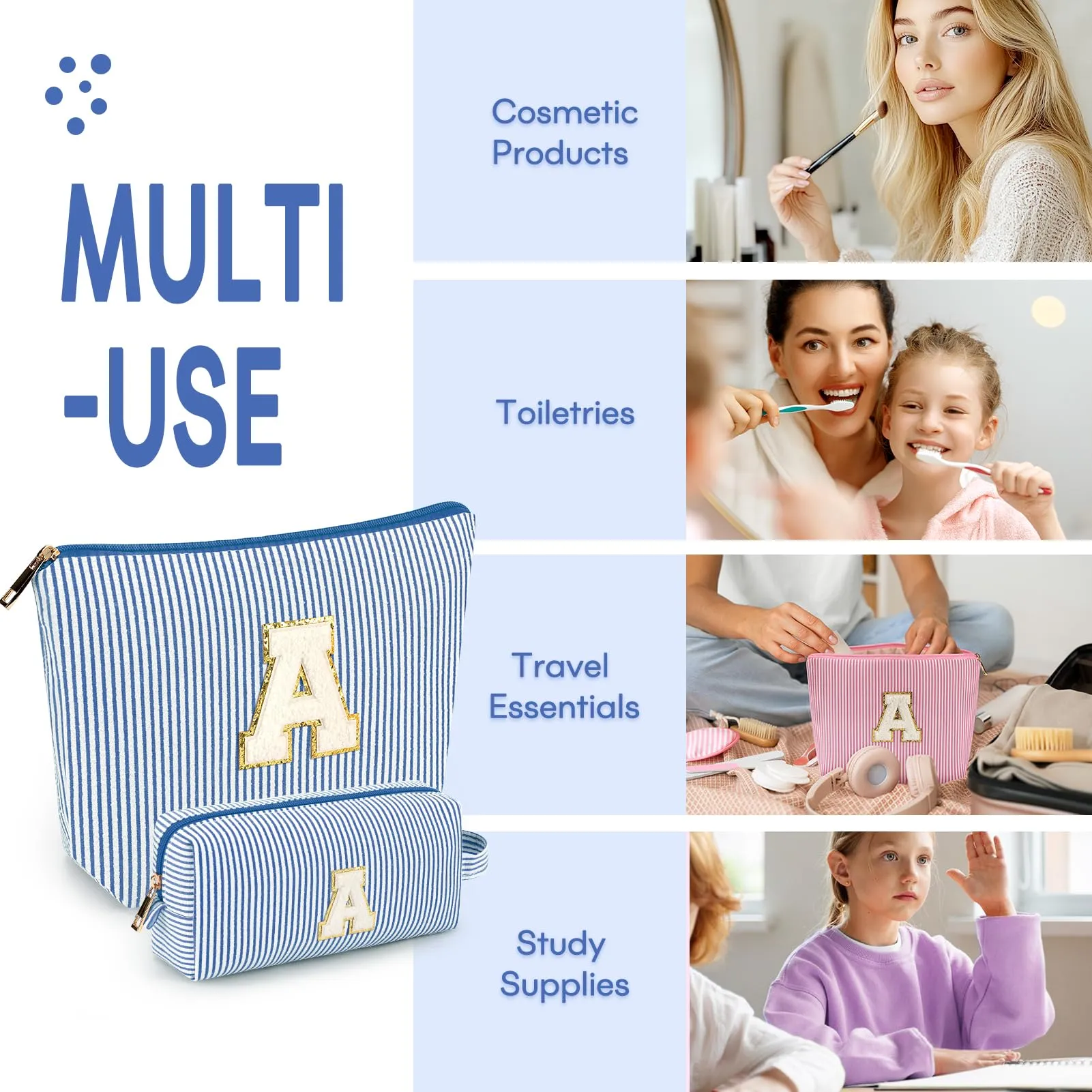 mibasies 2 PCS Initial Makeup Bags for Women: Cosmetic Bag for Travel Toiletry - Birthday Gifts for Girls Sister Wife Friend Daughter - Preppy Teen Girl Gifts Trendy Stuff - Blue P