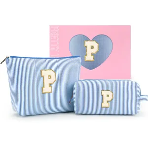mibasies 2 PCS Initial Makeup Bags for Women: Cosmetic Bag for Travel Toiletry - Birthday Gifts for Girls Sister Wife Friend Daughter - Preppy Teen Girl Gifts Trendy Stuff - Blue P