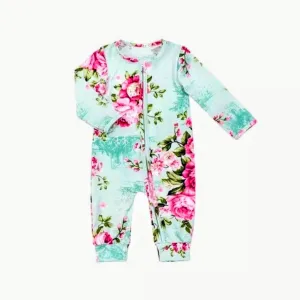 Mint Floral Long Sleeve Baby Girl Zipper Romper
