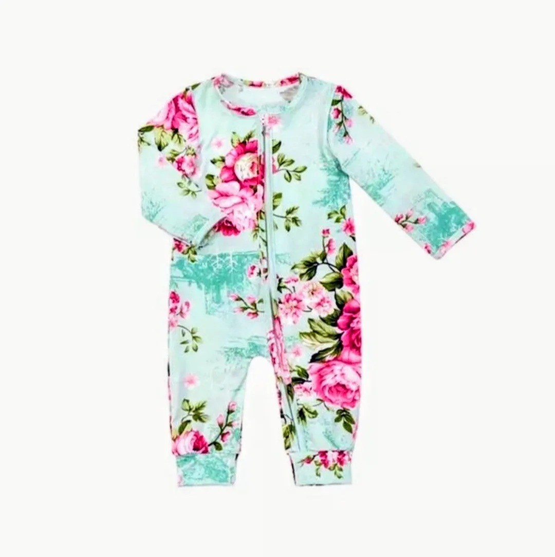 Mint Floral Long Sleeve Baby Girl Zipper Romper
