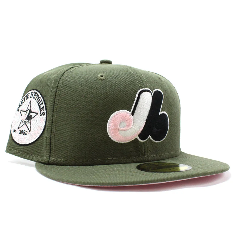 Montreal Expos 1982 All-Star Game New Era 59Fifty Fitted Hat (Glow in the Dark Logo Olive Pink Under brim)
