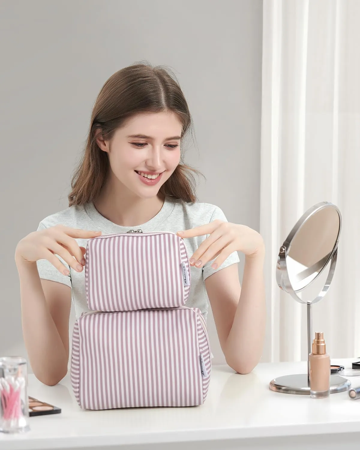 Narwey Striped Makeup Bag Travel Cosmetic Bag Organizer Toiletry Bag Make Up Bags with Compartments for Women Girls (Large, Dusty Rose Stripe)