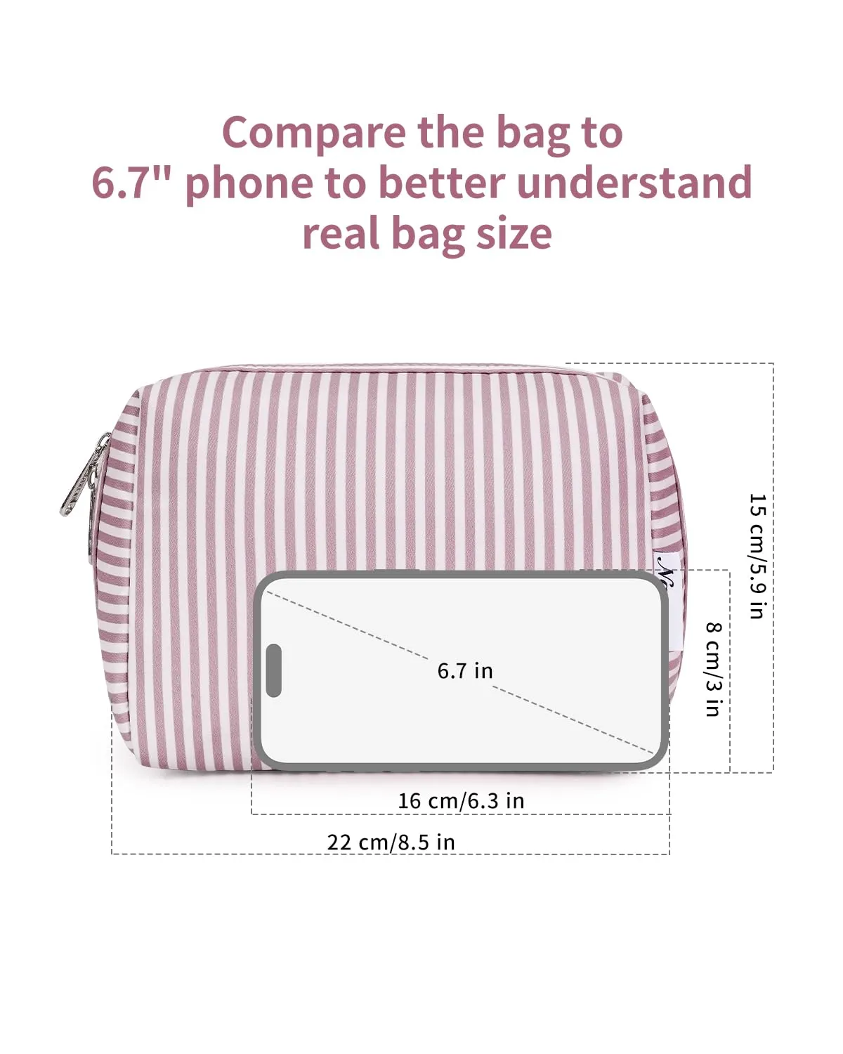 Narwey Striped Makeup Bag Travel Cosmetic Bag Organizer Toiletry Bag Make Up Bags with Compartments for Women Girls (Large, Dusty Rose Stripe)