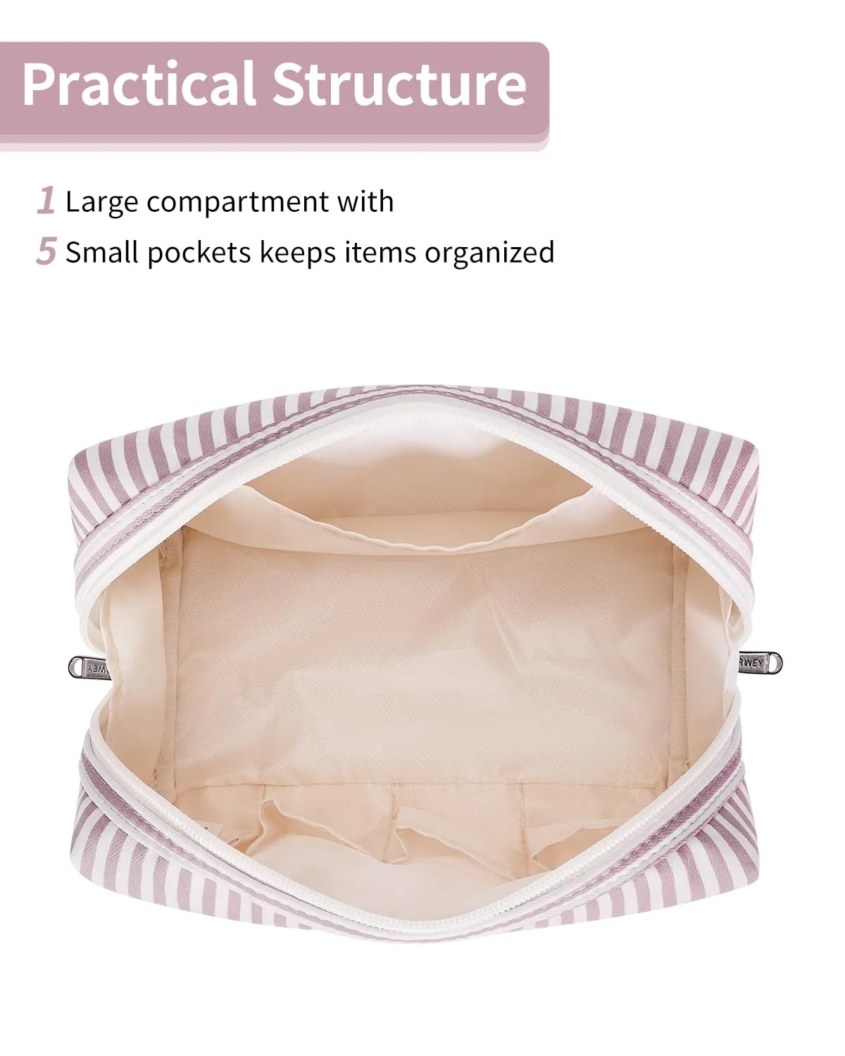 Narwey Striped Makeup Bag Travel Cosmetic Bag Organizer Toiletry Bag Make Up Bags with Compartments for Women Girls (Large, Dusty Rose Stripe)