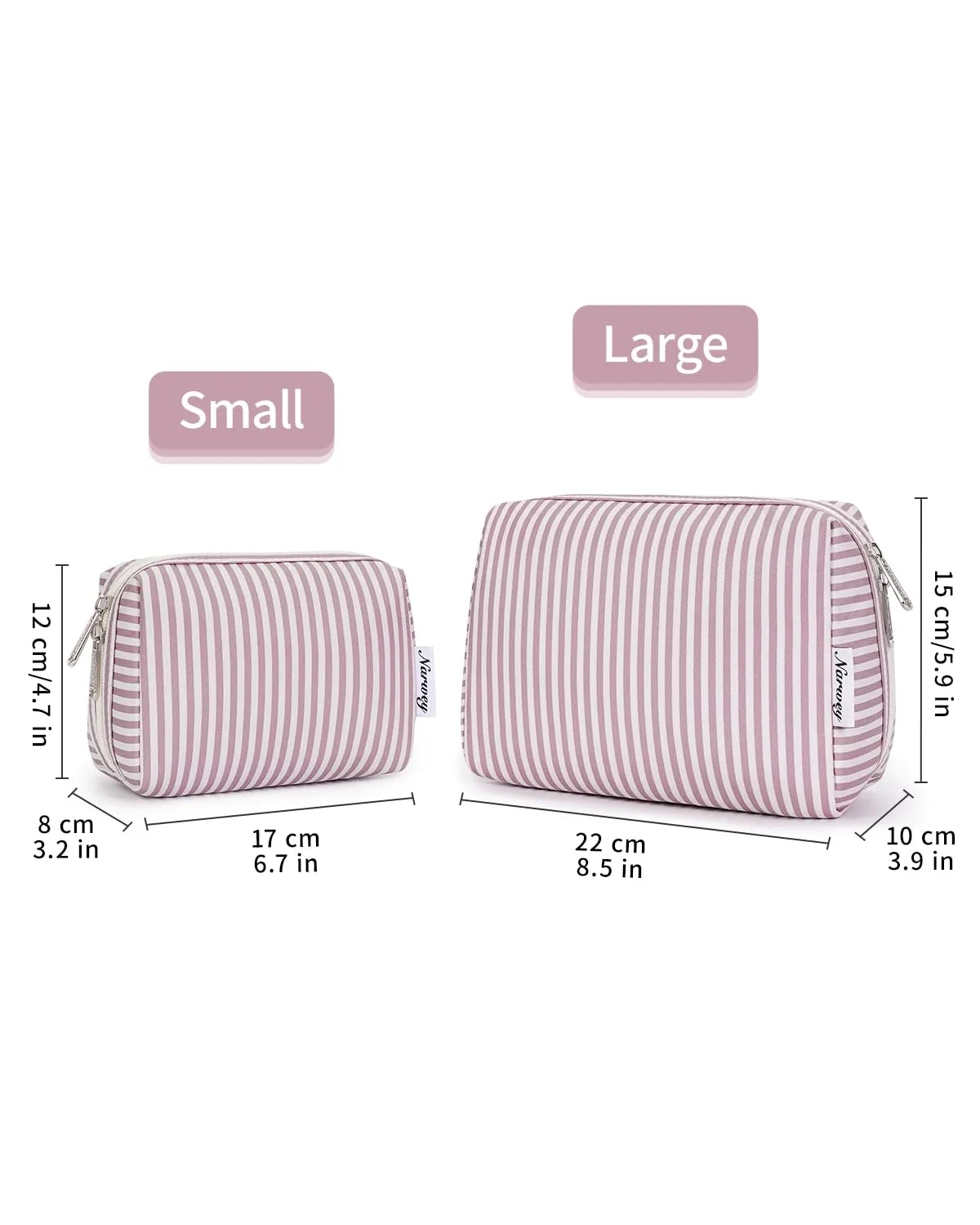 Narwey Striped Makeup Bag Travel Cosmetic Bag Organizer Toiletry Bag Make Up Bags with Compartments for Women Girls (Large, Dusty Rose Stripe)