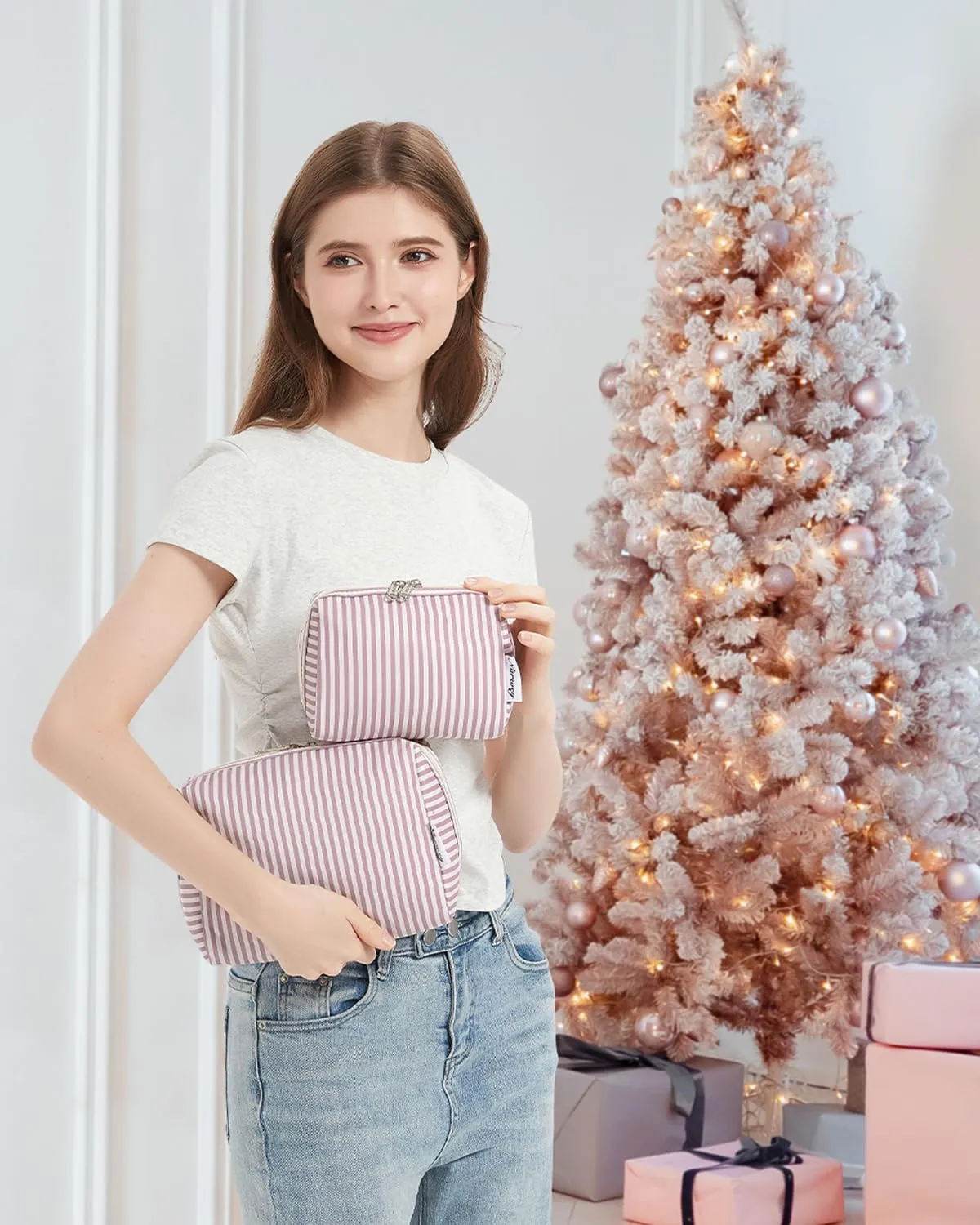 Narwey Striped Makeup Bag Travel Cosmetic Bag Organizer Toiletry Bag Make Up Bags with Compartments for Women Girls (Large, Dusty Rose Stripe)