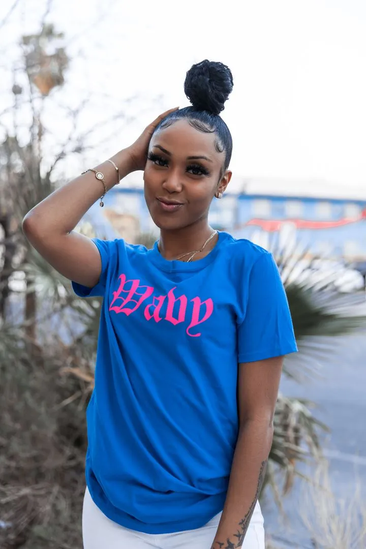 Neon Pink Reflective Wavy (OE) | Blue Tee