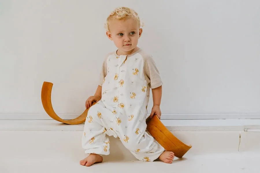 Nest Designs Raglan Bamboo Pima Short Sleeve Footed Sleep Bag 0.6 TOG - The Lion and The Mouse