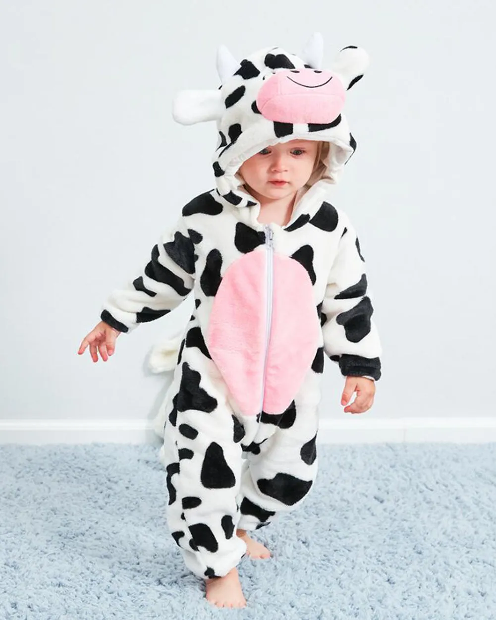 Newborn Baby Cartoon Cow Winter Bunting Bodysuit Warm Hooded Romper Jumpsuit